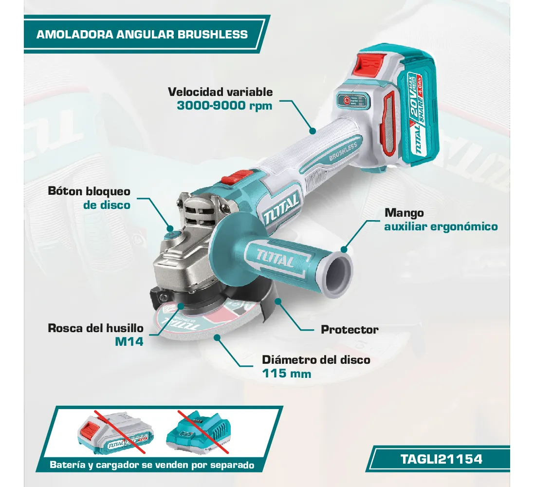 D_NQ_NP_2X_986655-MLA82253180291_022025-F AMOLADORA ANGULAR 115MM 20V BRUSHLESS TOTAL - Imagen 2