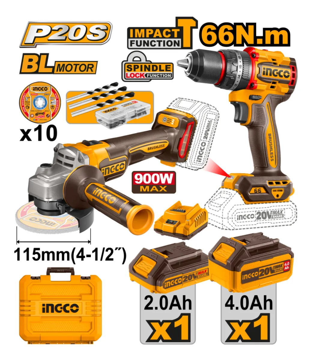 combo3 Combo Amoladora Ingco Brushless + Taladro Atornillador Percutor Ingco Brushless 66nm CKLI20273-4 - Imagen 3