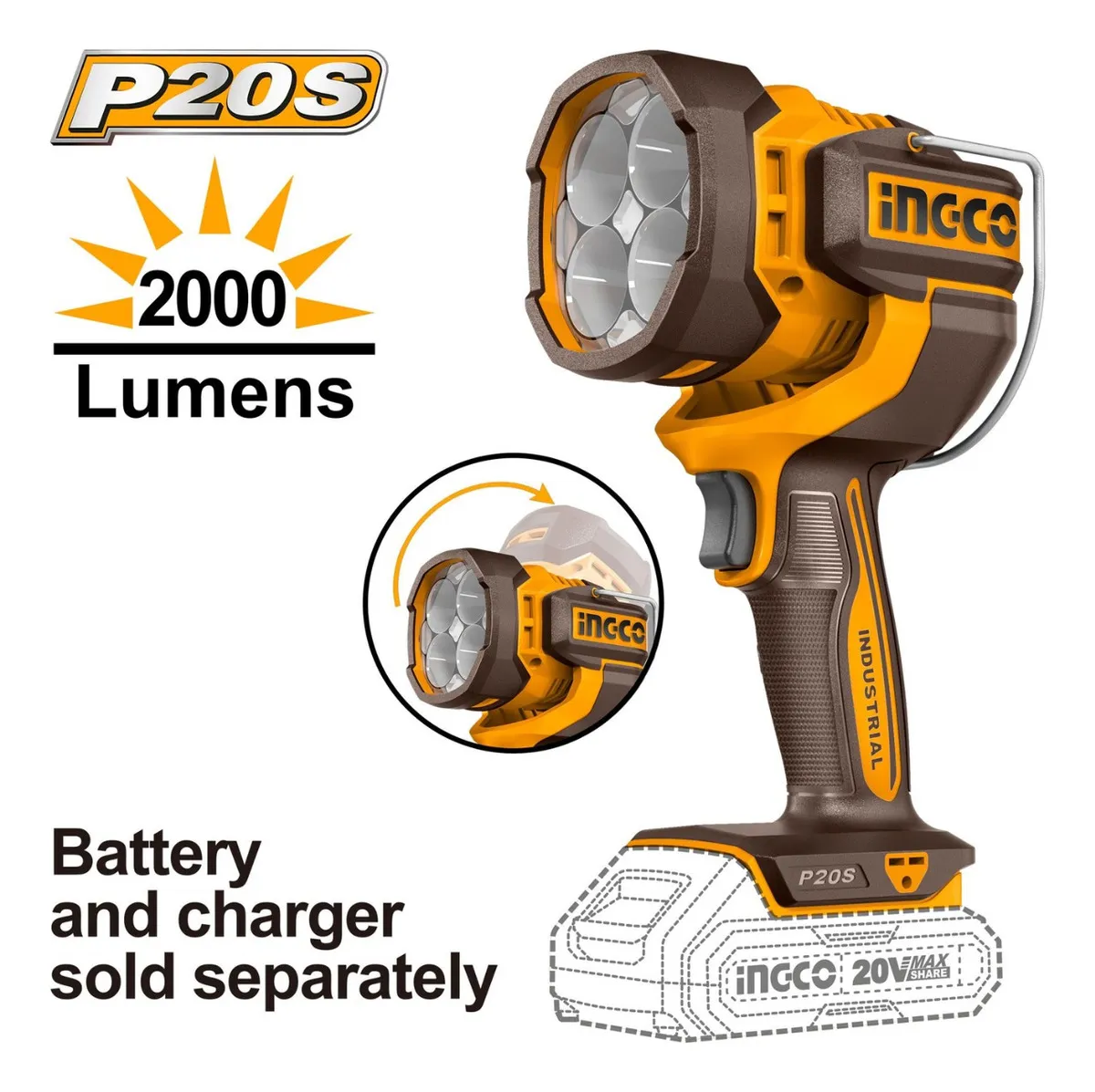 lin4 Linterna 2000 Lumens 20v Ingco CWLI2088 - Imagen 4
