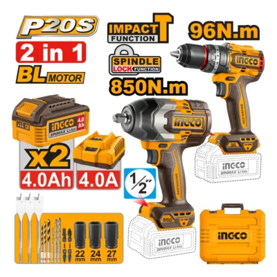 Combo Taladro Ingco Brushless 96nm + Llave de Impacto Brushless 1/2" 850nm – CIDLI20588-4